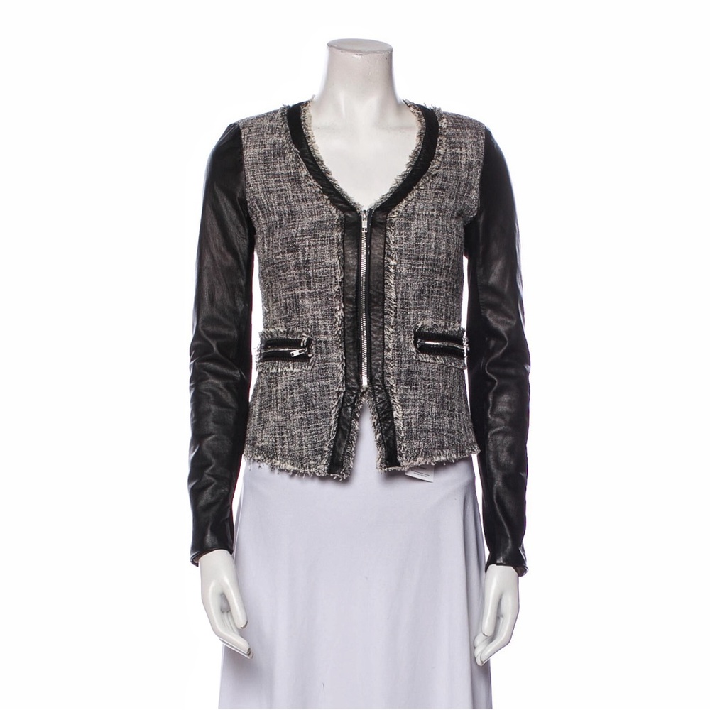 Rebecca Taylor Grey Tweed Black Leather Trim Moto Zip Up Jacket Blazer 2 / XS